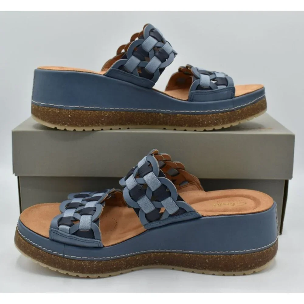 Clarks Women Size 11 Wide Width Kassanda Blue Combi Leather Mules Sandals Shoes‎